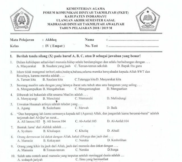 Soal Pelajaran Akhlak