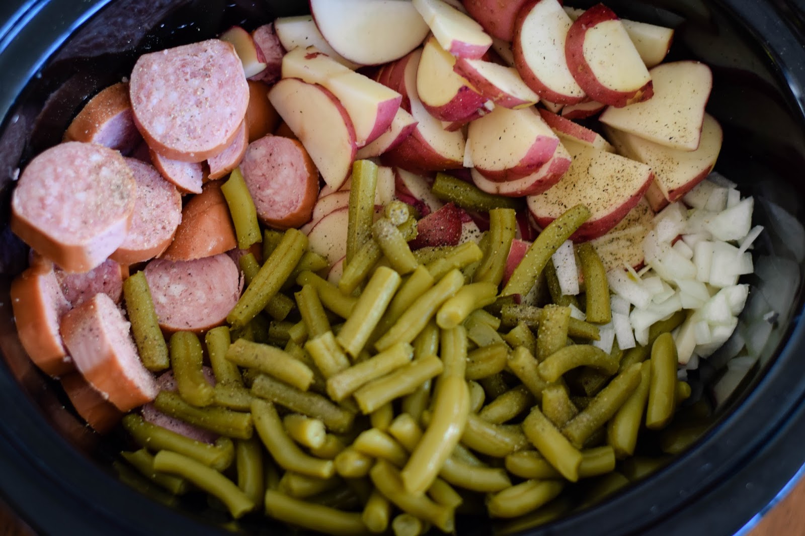 The Backroad Life Crock Pot Sausage, Green Beans, and Potatoes