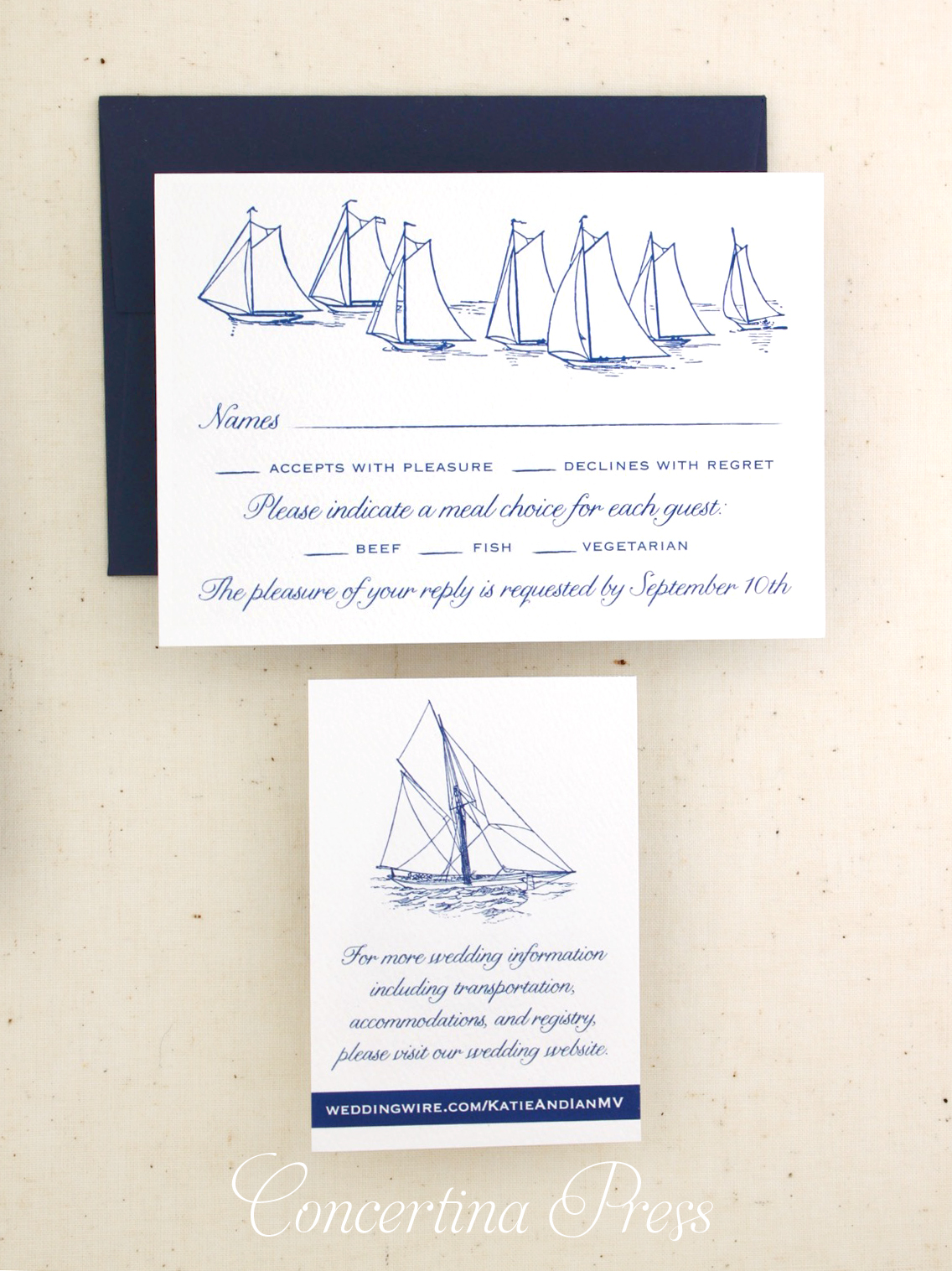 Sailboat RSVP from Sailboat and Waves wedding invitation set from Concertina Press