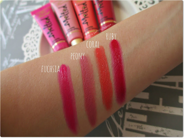 MELTED de TOO FACED - Swatches - Fuchsia - Peony - Coral - Ruby