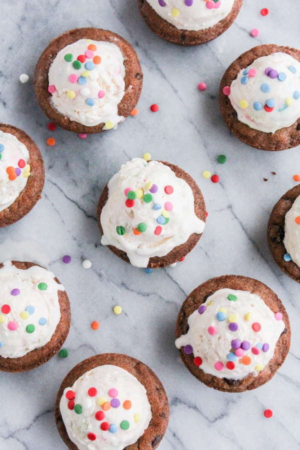 These fun and festive three ingredient Confetti Cake Ice Cream Cookie Cups are perfect for any celebration, or just as a special treat for family and friends!