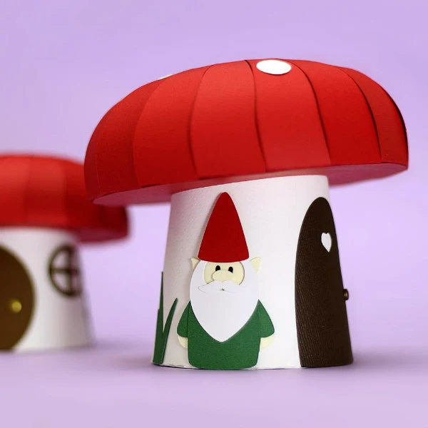 3D paper gnome mushroom house with a lift off cap