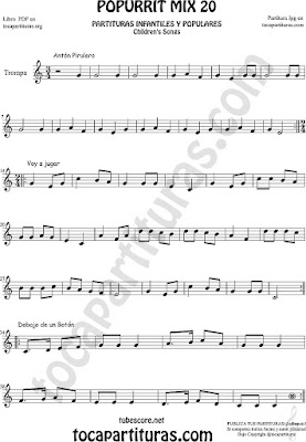 Partitura de Trompa y Corno Francés en Mi bemol Popurrí Mix 20 Partituras de Antón Pirulero, Voy a Jugar, Debajo de un Botón Infantil Sheet Music for French Horn 
