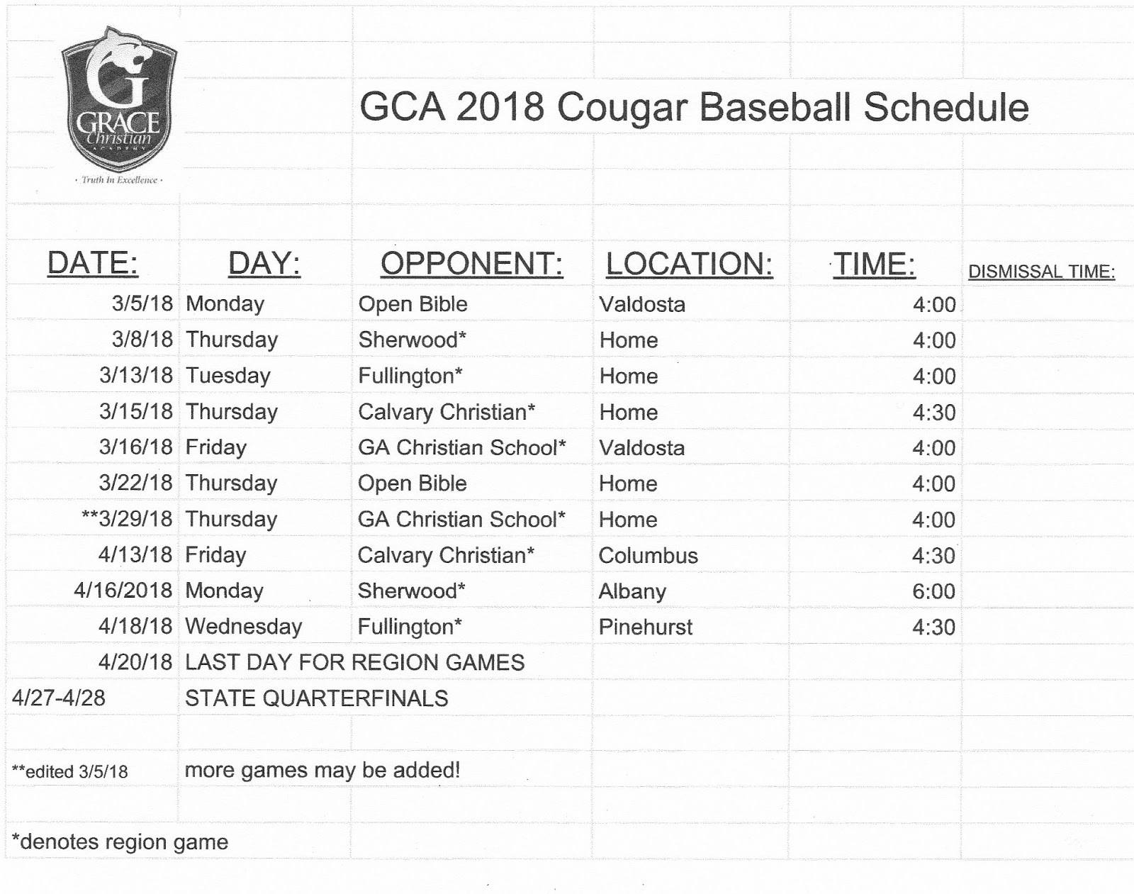 Grace Christian Academy 2018 Baseball Schedule
