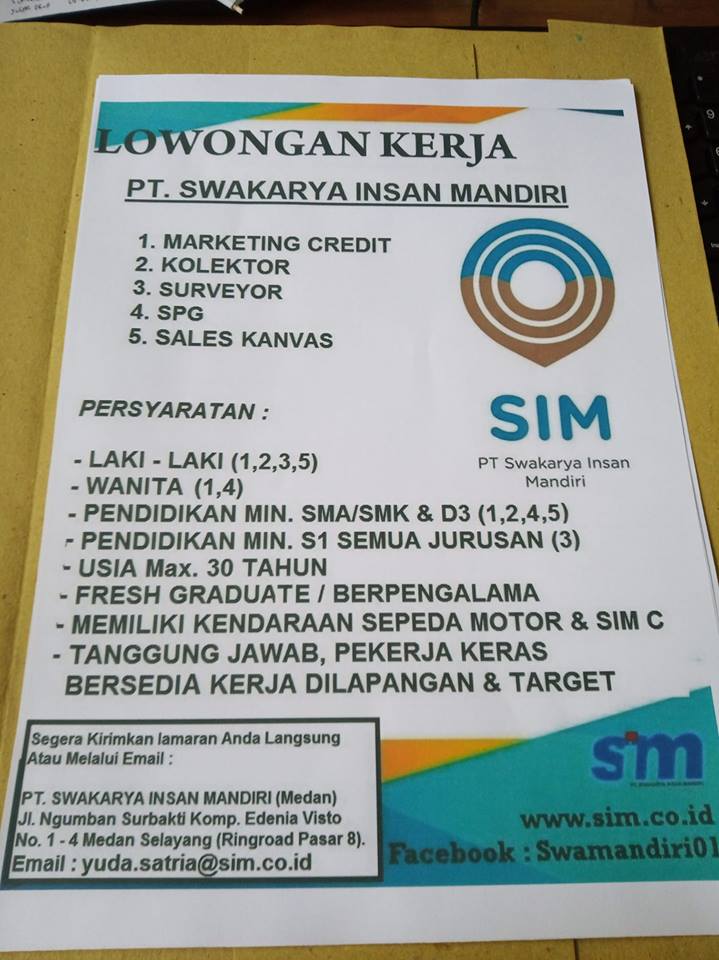 Peluang Kerja Lulusan Sma D3 S1 Di Pt Swakarya Insan Mandiri Medan April 2019 Lowongan Kerja Medan Terbaru Tahun 2021
