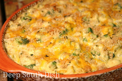 A casserole made with fresh broccoli and cauliflower, in a simple butter roux-based white sauce made with The Trinity, a little cheese in the base, and topped off with those buttery crackers we all love so much... and a little more cheese.