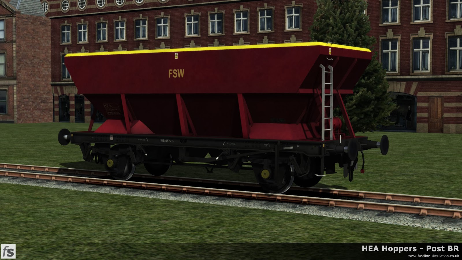 HEA Hoppers - Post BR: One of the later offset ladder HEA hoppers in almost ex-works Red and Gold livery under development for Train Simulator 2014.