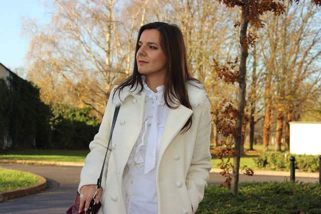 manteau blanc laine naf naf, escarpins minelli, sac zara