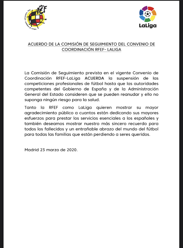 LaLiga y la RFEF hacen oficial la suspensión del fútbol hasta la autorización del Gobierno