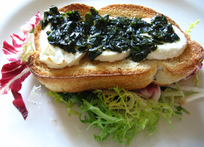 Mixed Greens with Warm Goat Cheese and Pesto on Toast