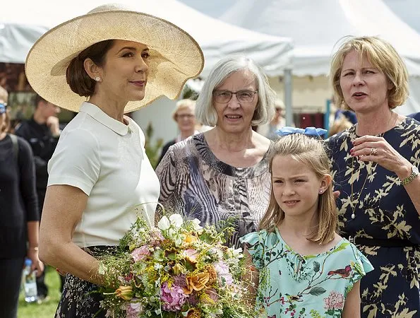 Crown Princess Mary wore Andiata flower print maxi skirt and LK Bennett wedge, shoes, Maria Dulong diamond earrings