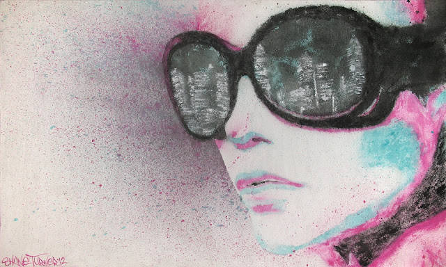Pop art and street art meet in Montreal based artist Shane Turner's Midnight city painting of a girl wearing sunglasses with the reflection of skyline in her glasses. Created using spattered turquoise, pink, and black paint on white textured background.
