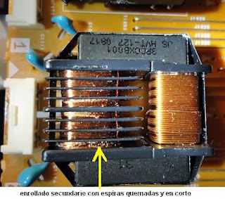 enrollado secundario quemado en transformador de inversor en TV LCD