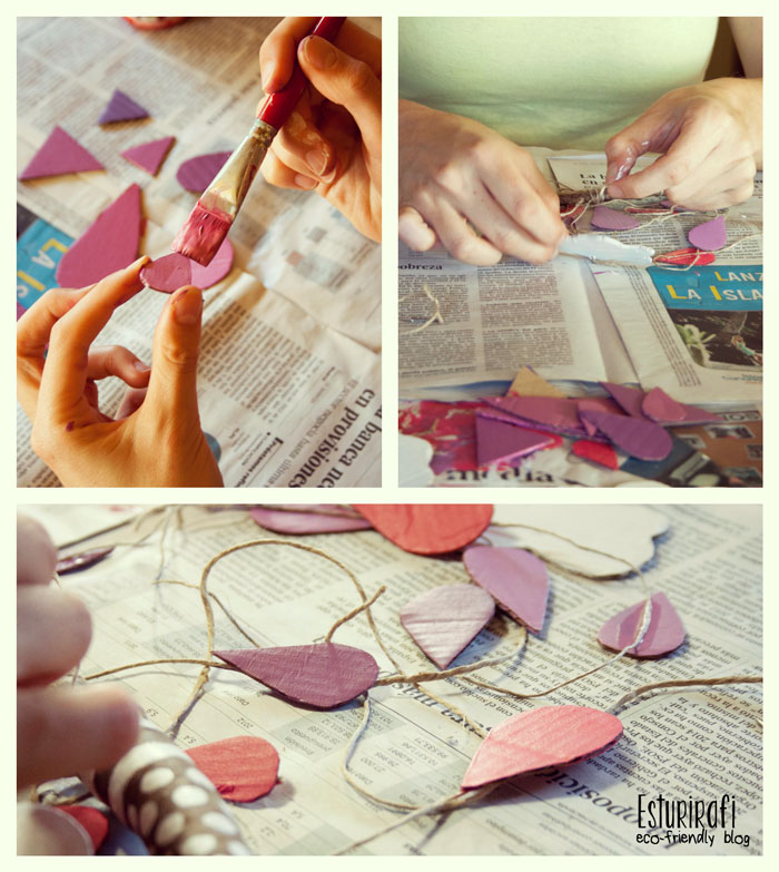 Proceso para hacer el móvil de cartón: recortar, pintar y pegar al cordel