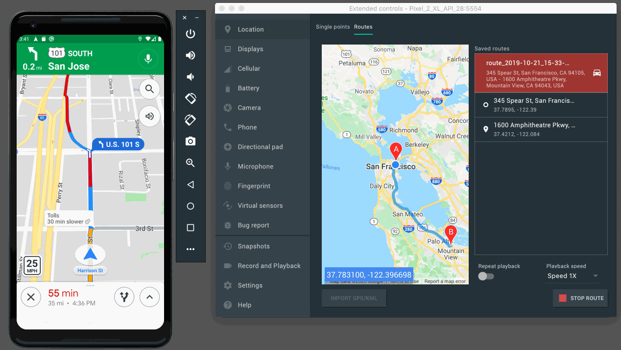 IU de ubicación de Android Emulator con transmisión de la ubicación en tiempo real