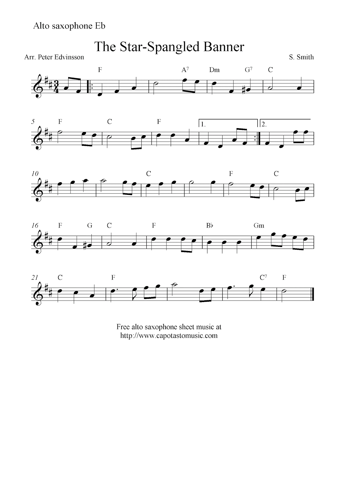 The Star Spangled Banner Free Alto Saxophone Sheet Music Notes