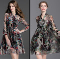 Red/Green Lady Print High Waist Front Ribbon Flare Dress