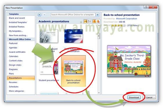  Gambar: cara memilih  template powerpoint yang akan di download untuk digunakan dalam presentasi