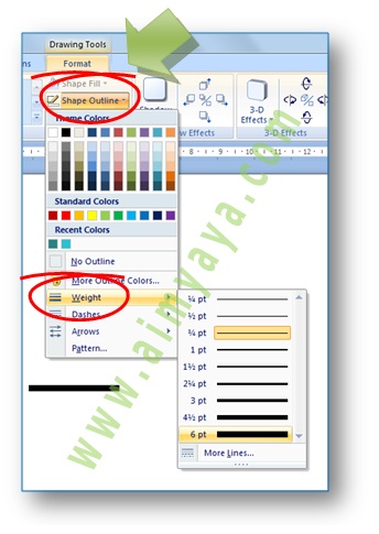 Gambar: contoh cara mudah mengatur ketebalan garis di Microsoft Word 2007