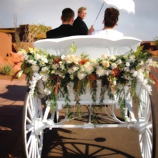Bride and groom in wedding carriage