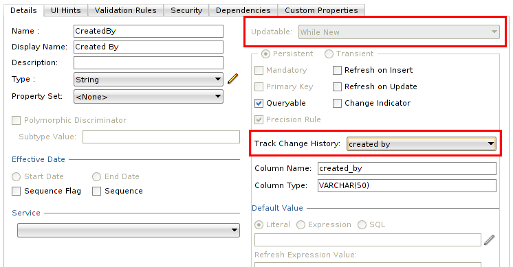 Java and ME: ADF Entity Track Change History Attributes and MySQL Database