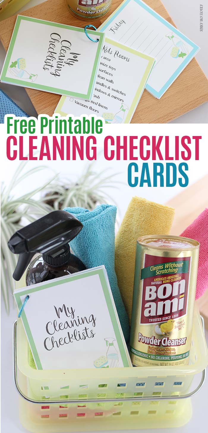 FREE printable cleaning checklist cards for your whole home! This set of 24 printable cards includes room cleaning checklists, daily cleaning checklists, and to do lists. Perfect for spring cleaning or to give as a gift with a cleaning caddy. Keep your cleaning tasks organized with this printable cleaning set! And see how to make cleaning simple with @BonAmiClean. #ad #BonAmiClean #cleaning #cleaninghacks #printables #springcleaning