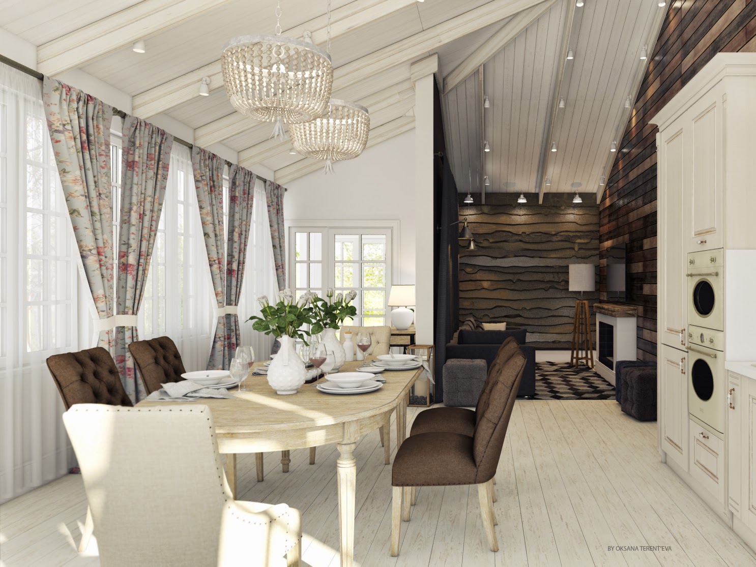 Проект кухни гостиной в частном доме с выходом на террасу 40 квадратов