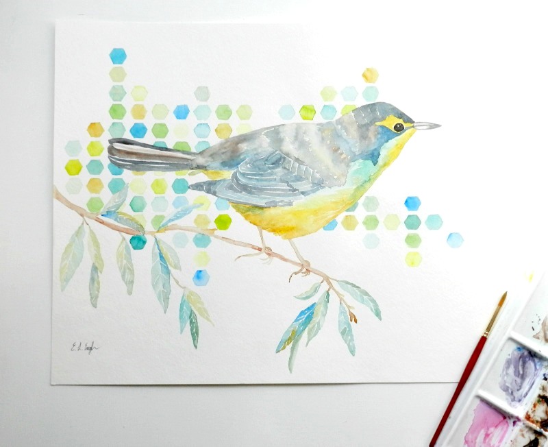 Yellow and Blue Bird on a Branch- Original Watercolor Painting by Elise Engh