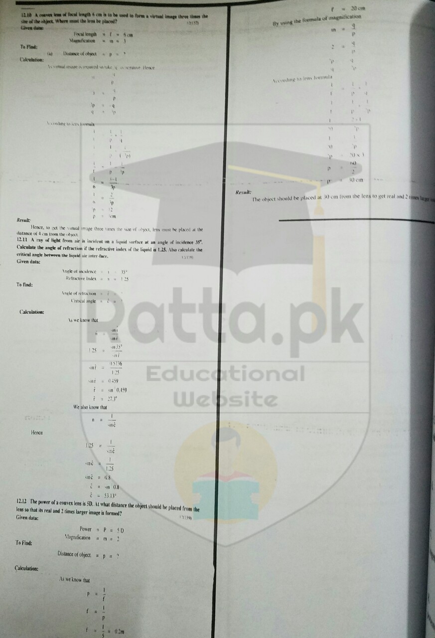 10th Physics Chapter 12 Geometrical Optics Numerical Problems Ratta.pk