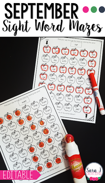 Editable sight word mazes with an apple theme are perfect for September or any fall months. Add your own words and the mazes will be automatically created for you!