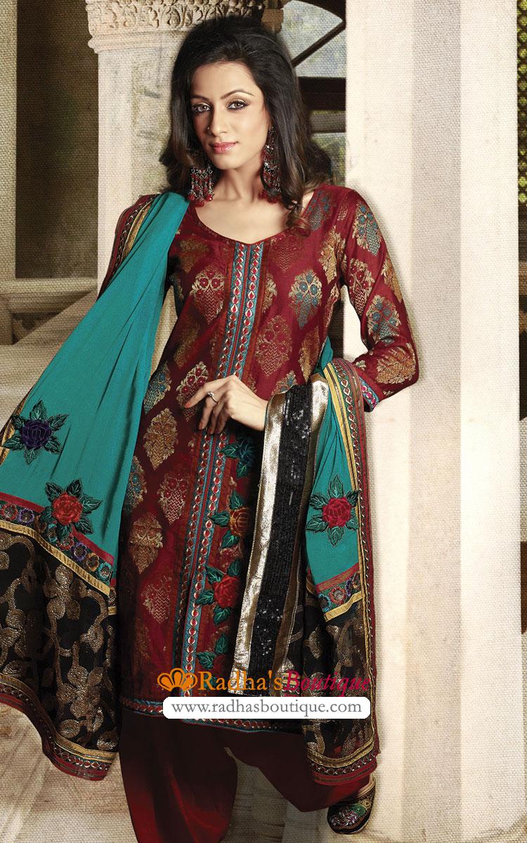 Pure Silk Jacquard Maroon Salwar Kameez - Radha's Boutique Silk Salwar ...