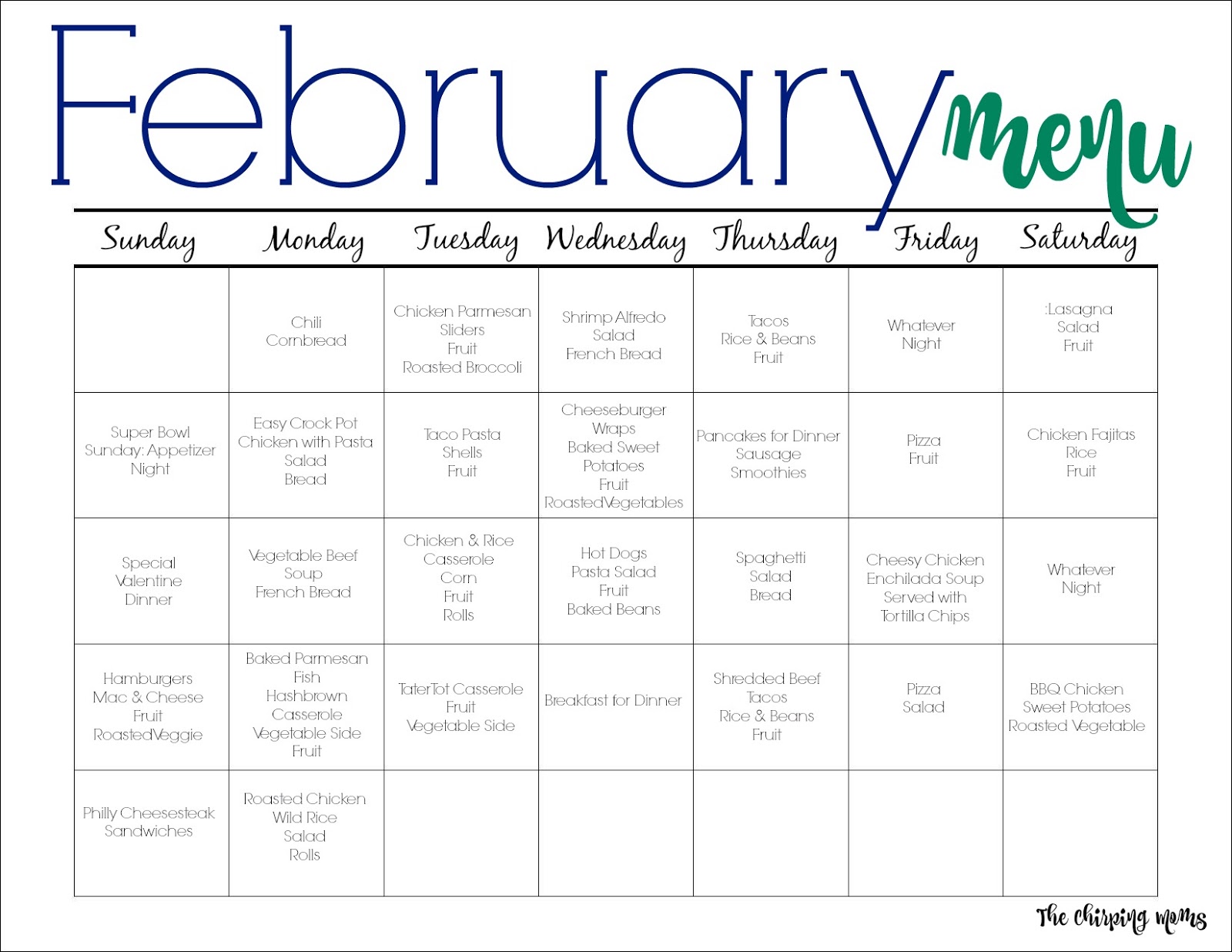 February Meal Plan for Families (Free Printable) - The Chirping Moms
