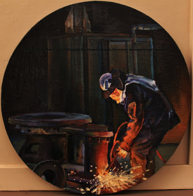 Plein air painting of oxycutting machinery in the interior of the disused foundry William Wallbank and Sons, Auburn painted by industrial heritage artist Jane Bennett