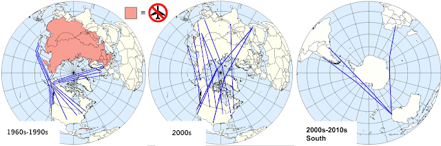 Mapa globalista indicando as rotas polares