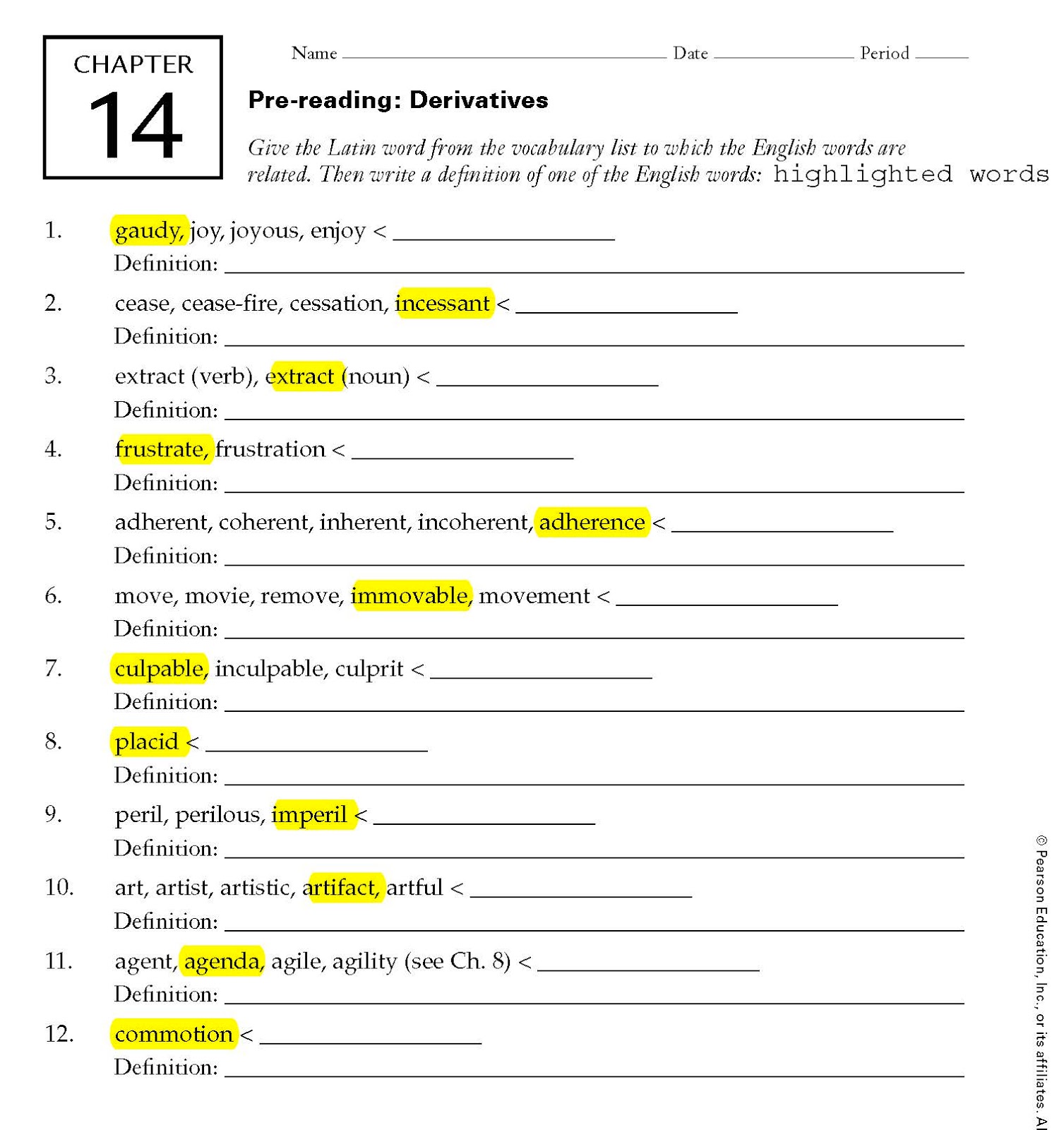 2018_2019 Latin I 14 Chapter Prereading derivatives
