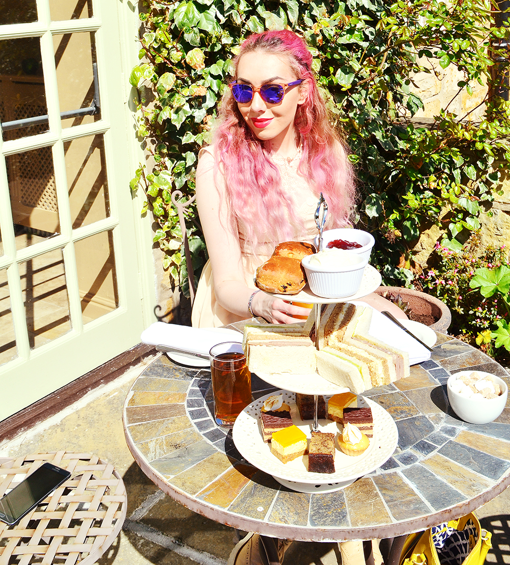 Stephi LaReine // Peach Floral Collar Summer Dress // Oasis (old) Sulphur Yellow Leather Bag * // Boden Clothing DKNY Watch * // House Of Watches Beige Lace Up Platform Brogues * // StyleEdit Carrera Purple Mirrored Sunglasses * // Sunglasses Shop