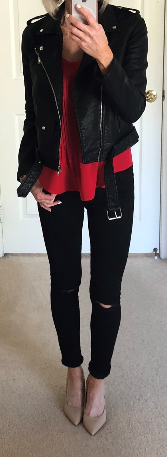 red top black jeans