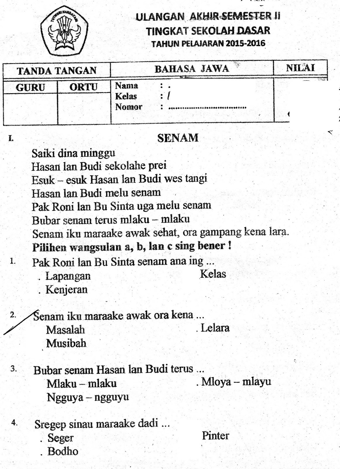 Uas Ujian Akhir Semester Bahasa Jawa Semester Sd Kelas Ta