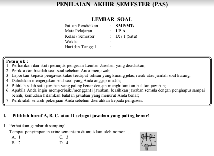 Contoh Soal UAS/PAS IPA Kls 9 SMP Semester 1 Beserta Kunci Jawaban