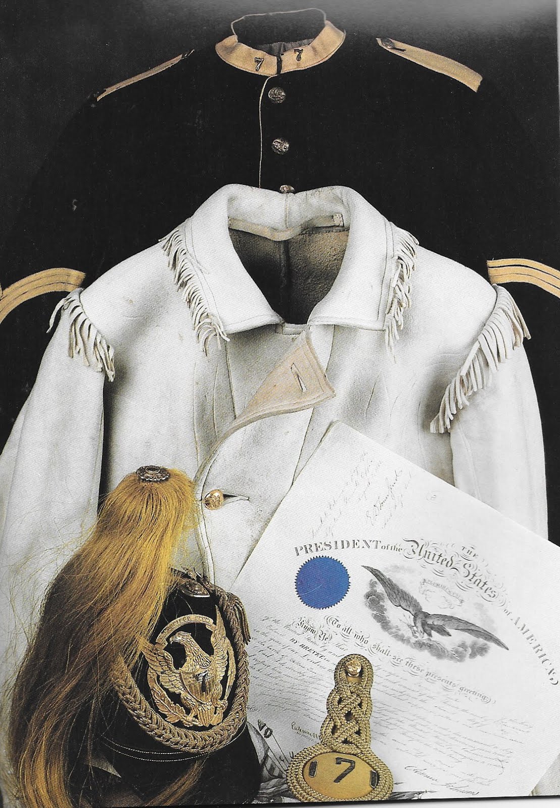 Sgt. Wm. Williams' coat, Custer's buckskin jacket, W.W. Cooke's Helmut & Custer's commission ~