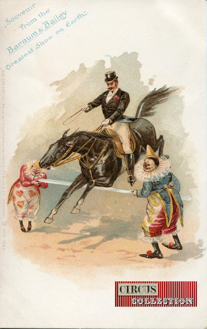 Carte postale du cirque Barnum & Bailey 1902 cavalier sautant un obstacle 