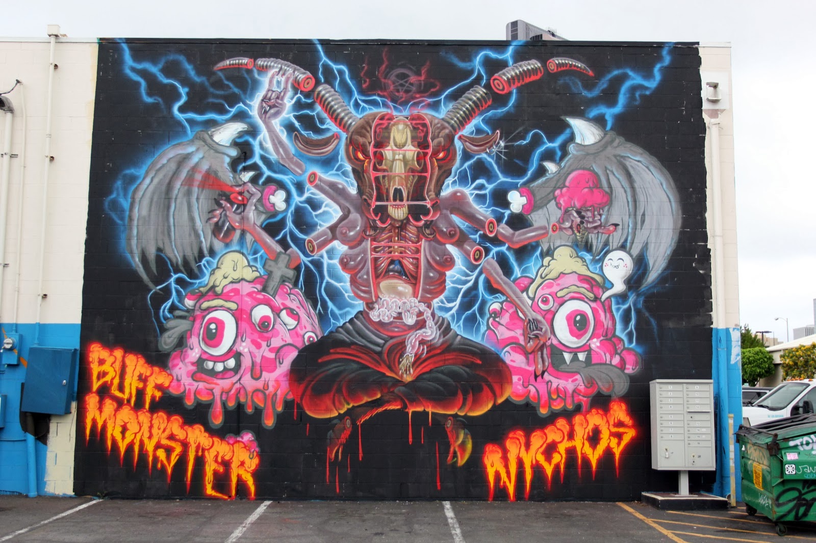 Hail Satan! While you discovered some progress shots a few days ago (covered), Nychos and Buff Monster have now wrapped up their collaboration for POW! WOW! Hawaii in Honolulu. 1