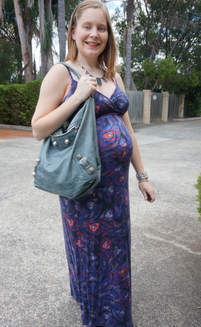 Away From Blue | Feather Print Maxi Dress second trimester summer BBQ outfit Balenciaga day bag