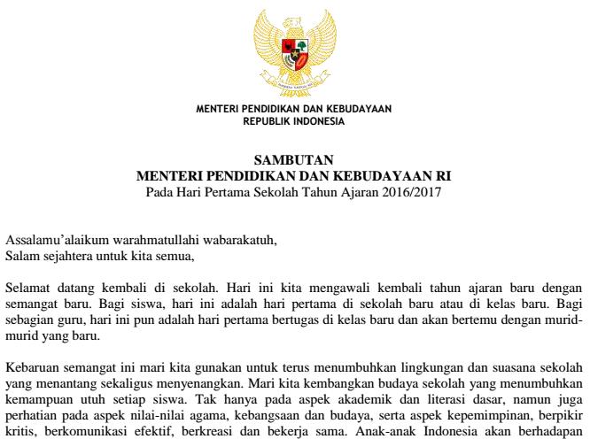 SAMBUTAN MENDIKBUD PADA HARI PERTAMA MASUK SEKOLAH TAHUN