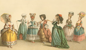 Ladies wearing the a la mode of French fashion, circa 1750’s. This is the usual fleeting image people think of when they are reminded of 18th Century women.