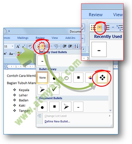 Gambar: Cara mudah membuat bullet  melalui tombol Bullet yang ada pada grup Paragraph di ribbon Home, dokumen Microsoft Word