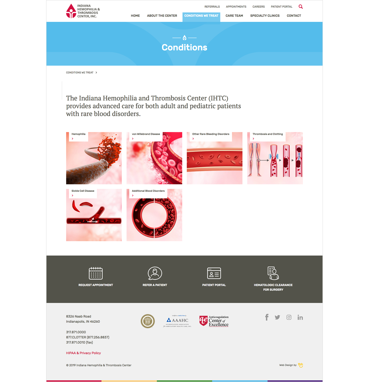Indiana Hemophilia and Thrombosis Center's visual landing page makes it easy to navigate to additional information about their specialties.