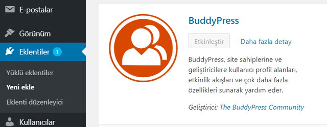ol taraftaki panelde “Eklentiler” i tıklayın. Bir alt menü açılır. Bu alt menüden “Yeni Ekle” ye tıklayın.