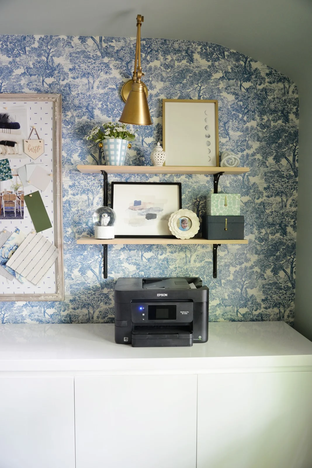 feminine home office, modern traditional office, Rambling Renovators, wallpaper and brass sconces, Brewster blue toile wallpaper
