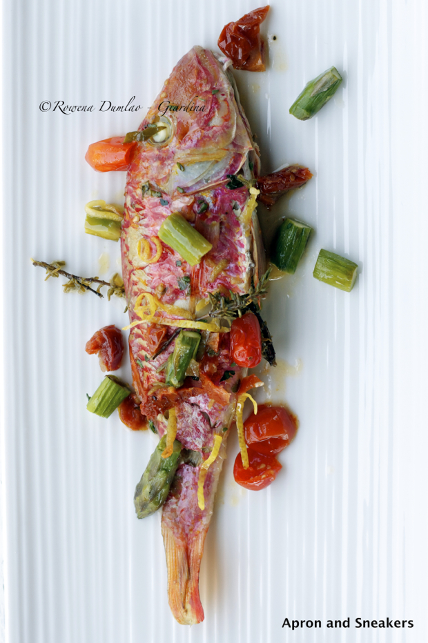 Parchment Baked Red Mullet Fish With SunDried Tomatoes & Asparagus